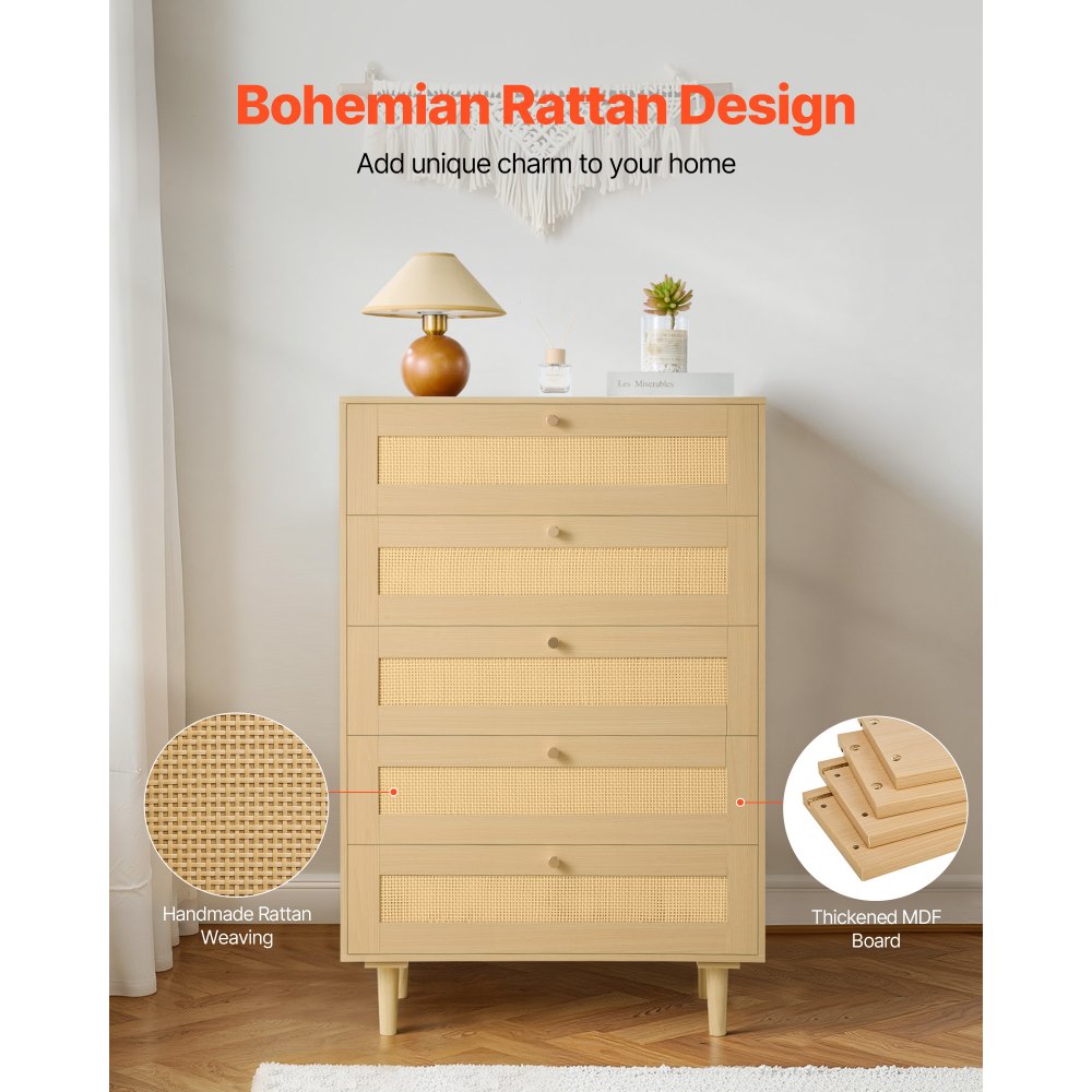 VEVOR 5 Drawer Rattan Dresser, Modern Closet Dresser for Bedroom, Natural Rattan Chest of Drawers with Metal Handles & Wooden Legs, Chest Clothing Organizer & Storage for Bedroom, Living Room, Hallway