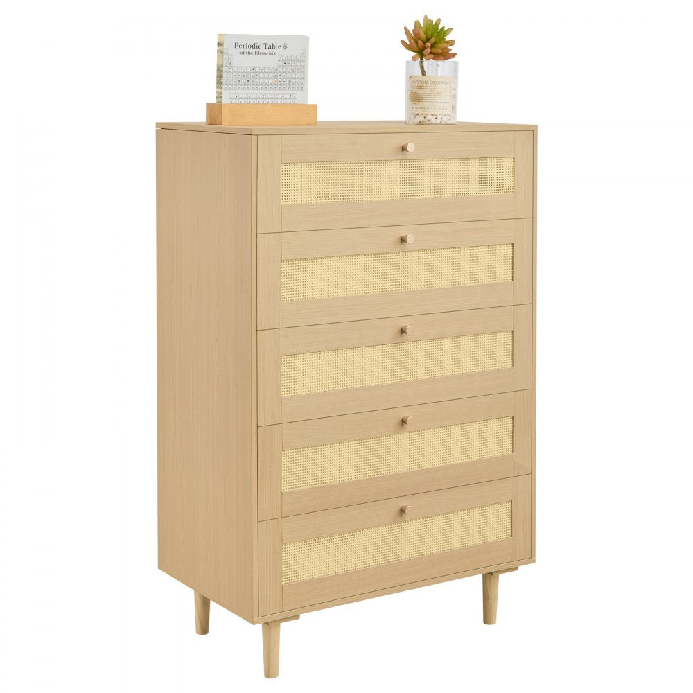 VEVOR 5 Drawer Rattan Dresser, Modern Closet Dresser for Bedroom, Natural Rattan Chest of Drawers with Metal Handles & Wooden Legs, Chest Clothing Organizer & Storage for Bedroom, Living Room, Hallway