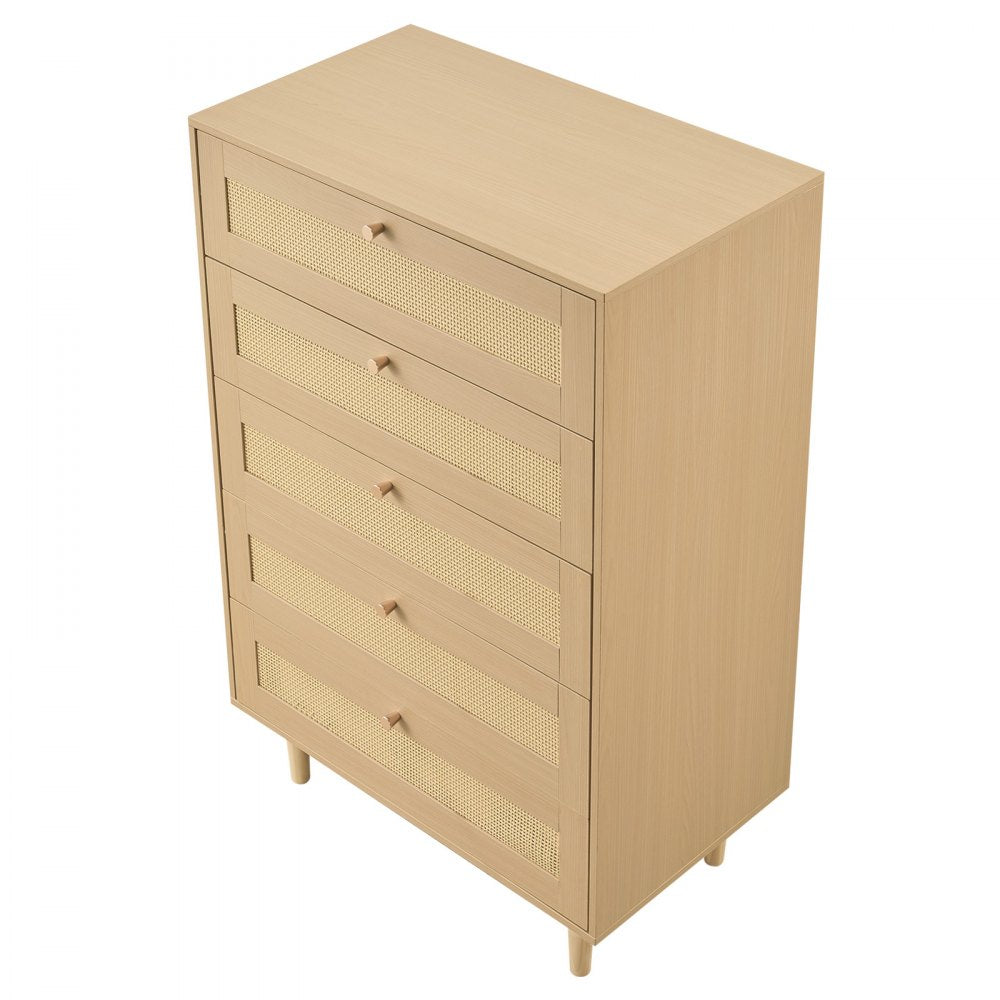 VEVOR 5 Drawer Rattan Dresser, Modern Closet Dresser for Bedroom, Natural Rattan Chest of Drawers with Metal Handles & Wooden Legs, Chest Clothing Organizer & Storage for Bedroom, Living Room, Hallway