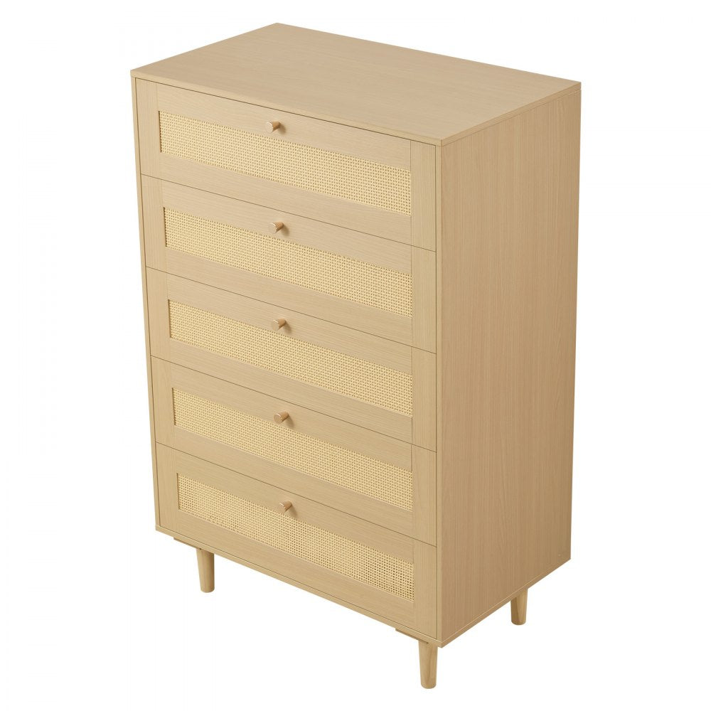 VEVOR 5 Drawer Rattan Dresser, Modern Closet Dresser for Bedroom, Natural Rattan Chest of Drawers with Metal Handles & Wooden Legs, Chest Clothing Organizer & Storage for Bedroom, Living Room, Hallway
