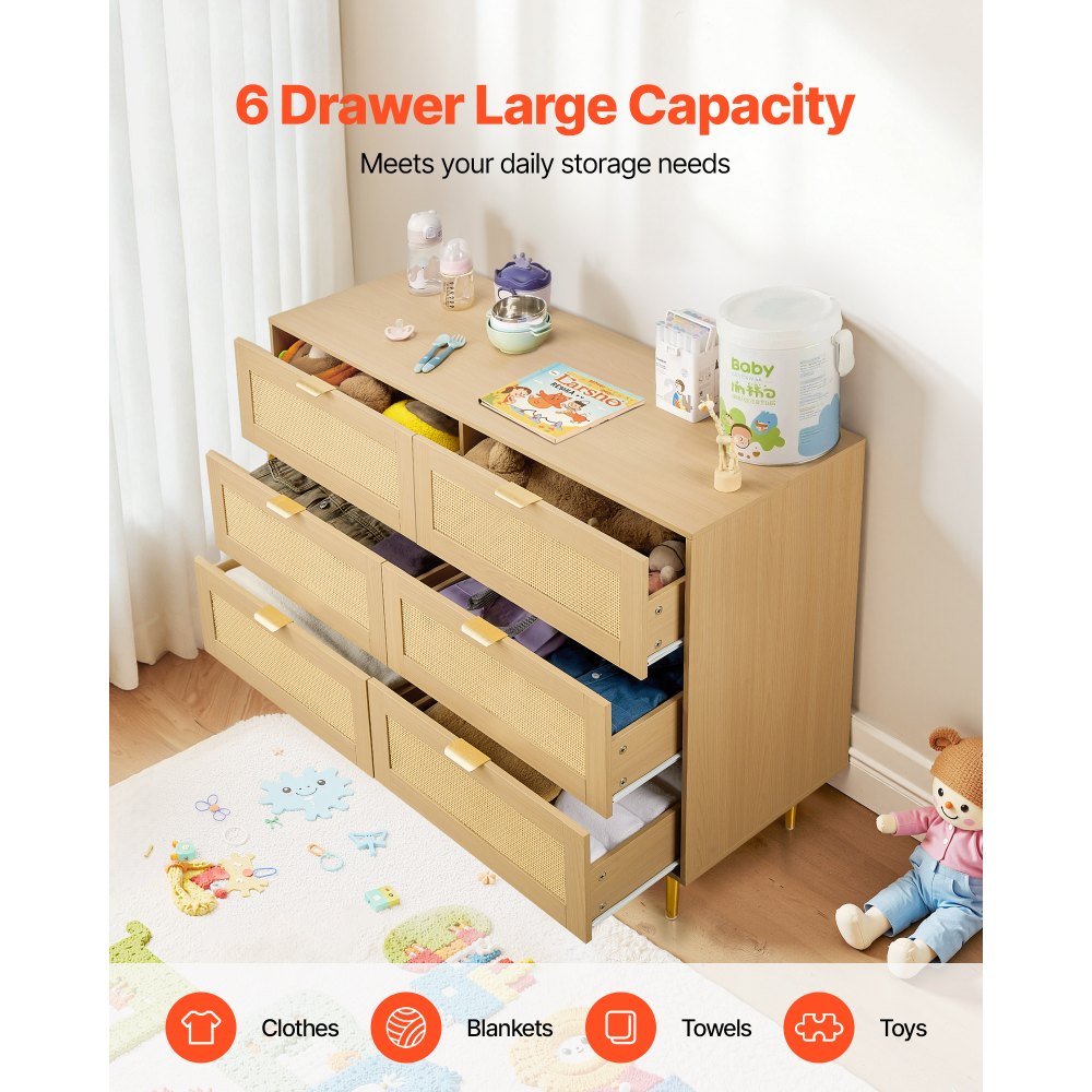 VEVOR 6 Drawer Rattan Dresser, Double Dresser for Bedroom, Natural Rattan Chest of Drawers with Metal Handles & Legs, Modern Wood Chest Clothing Organizer & Storage for Bedroom, Living Room, Hallway
