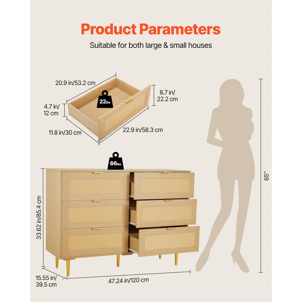 VEVOR 6 Drawer Rattan Dresser, Double Dresser for Bedroom, Natural Rattan Chest of Drawers with Metal Handles & Legs, Modern Wood Chest Clothing Organizer & Storage for Bedroom, Living Room, Hallway