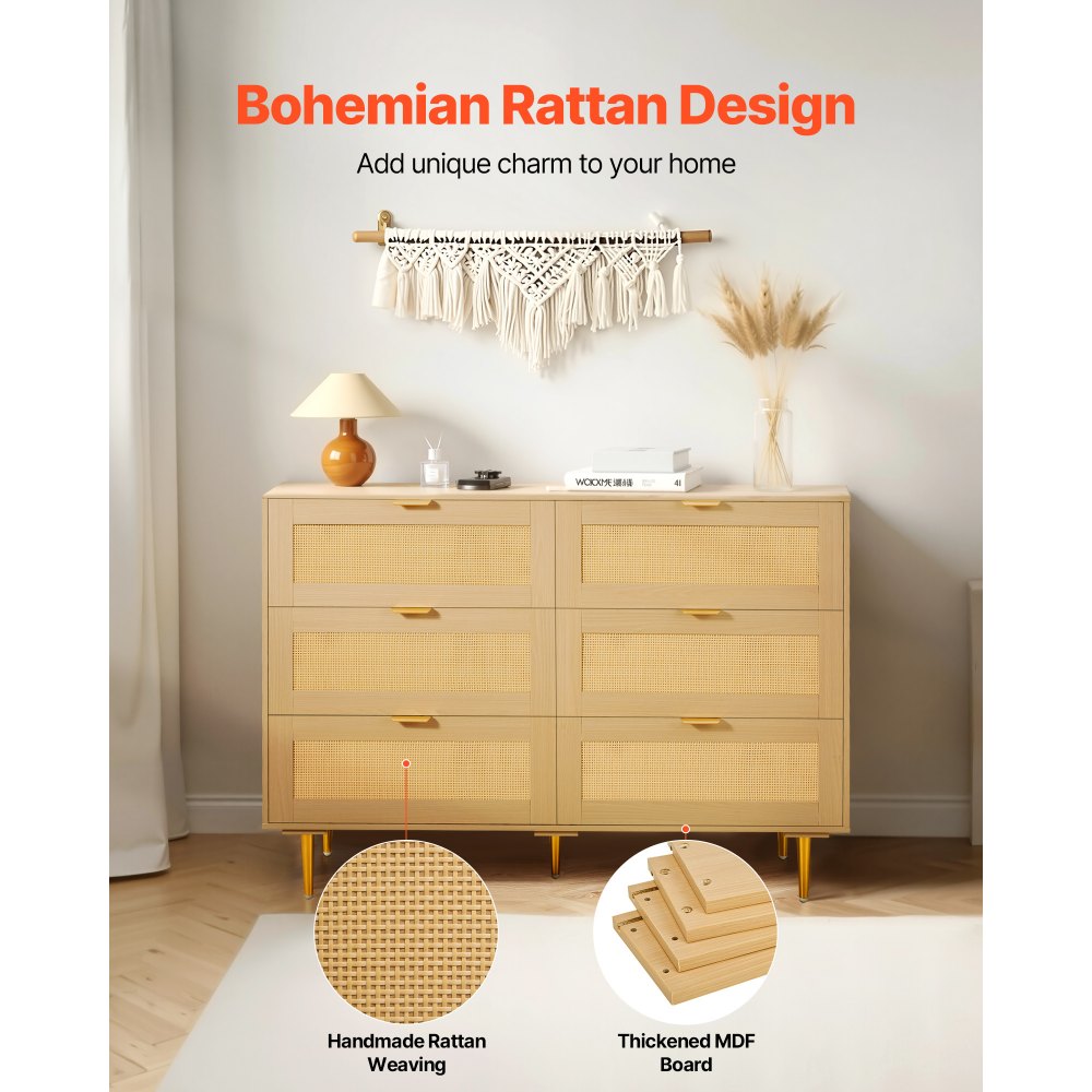 VEVOR 6 Drawer Rattan Dresser, Double Dresser for Bedroom, Natural Rattan Chest of Drawers with Metal Handles & Legs, Modern Wood Chest Clothing Organizer & Storage for Bedroom, Living Room, Hallway