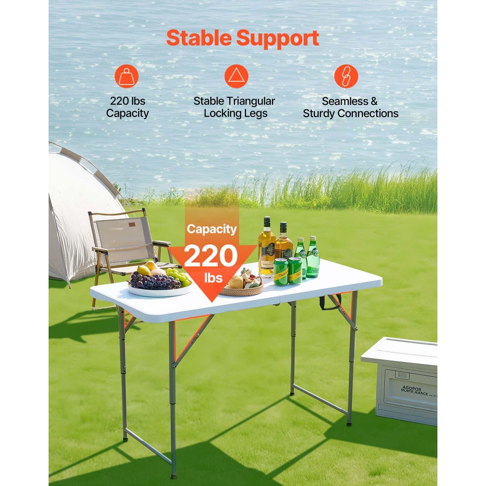 VEVOR Folding Table, 4 Ft Heavy Duty Portable Fold-in-Half Utility Table, Indoor Outdoor Plastic Rectangle Table with Adjustable Height and Built in Handle, for Party, Dining, Picnic, Camping, White