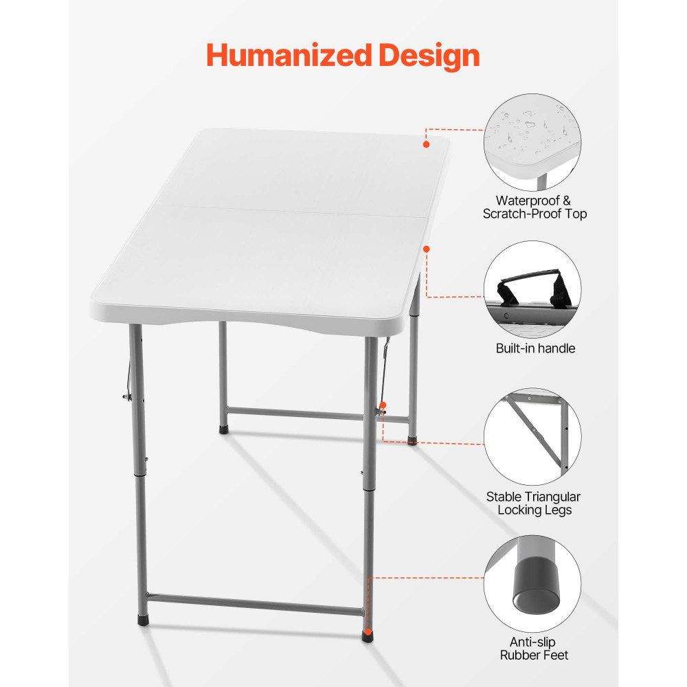 VEVOR Folding Table, 4 Ft Heavy Duty Portable Fold-in-Half Utility Table, Indoor Outdoor Plastic Rectangle Table with Adjustable Height and Built in Handle, for Party, Dining, Picnic, Camping, White
