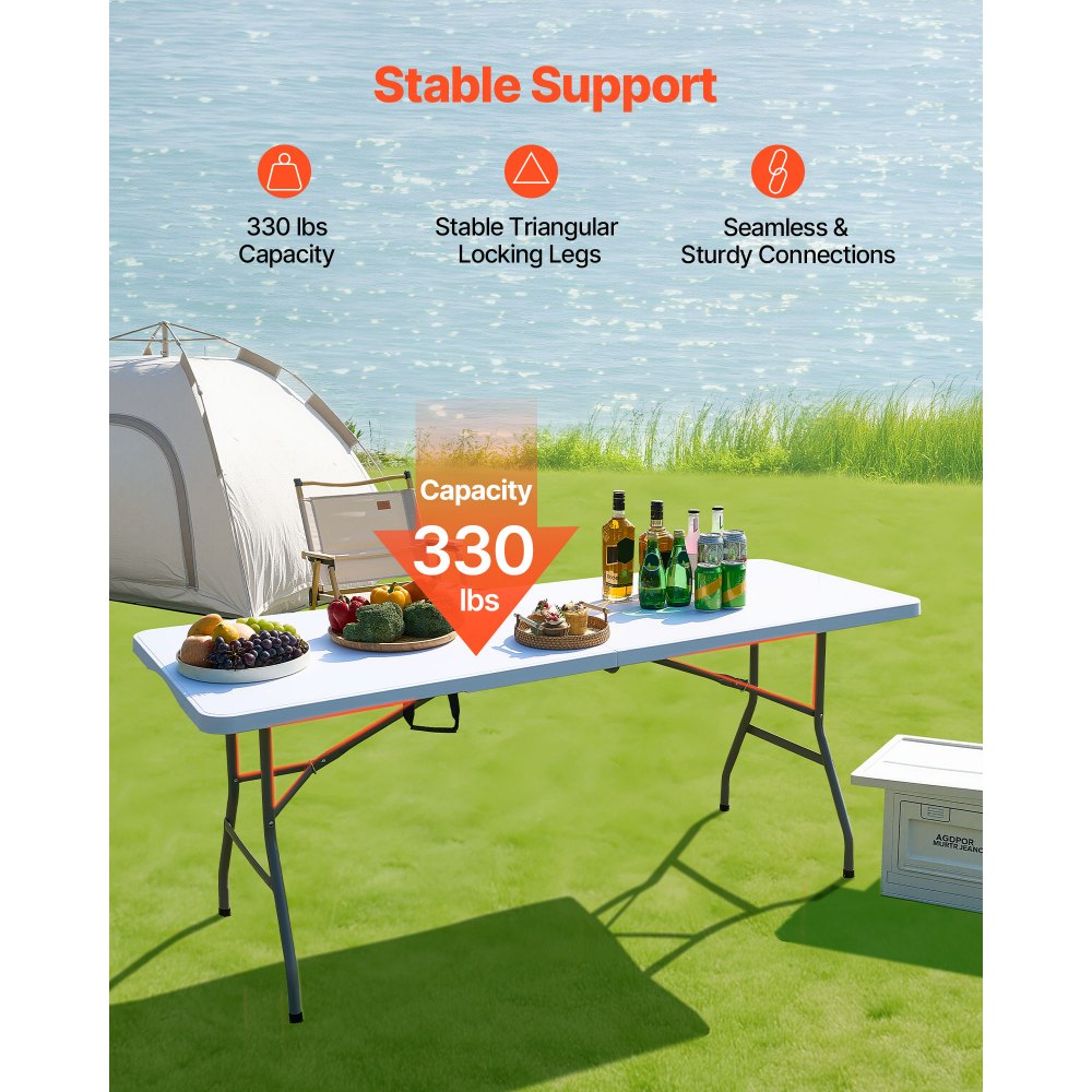 VEVOR Folding Table, 6 Ft Heavy Duty Portable Fold-in-Half Utility Table, Indoor Outdoor Plastic Rectangle Table with Built in Handle, for Party, Dining, Wedding, Events, Picnic, Camping, White