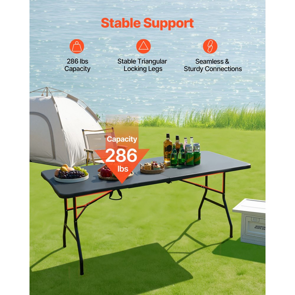 VEVOR Folding Table, 6 Ft Heavy Duty Portable Fold-in-Half Utility Table, Indoor Outdoor Plastic Rectangle Table with Built in Handle, for Party, Dining, Wedding, Events, Picnic, Camping, Black