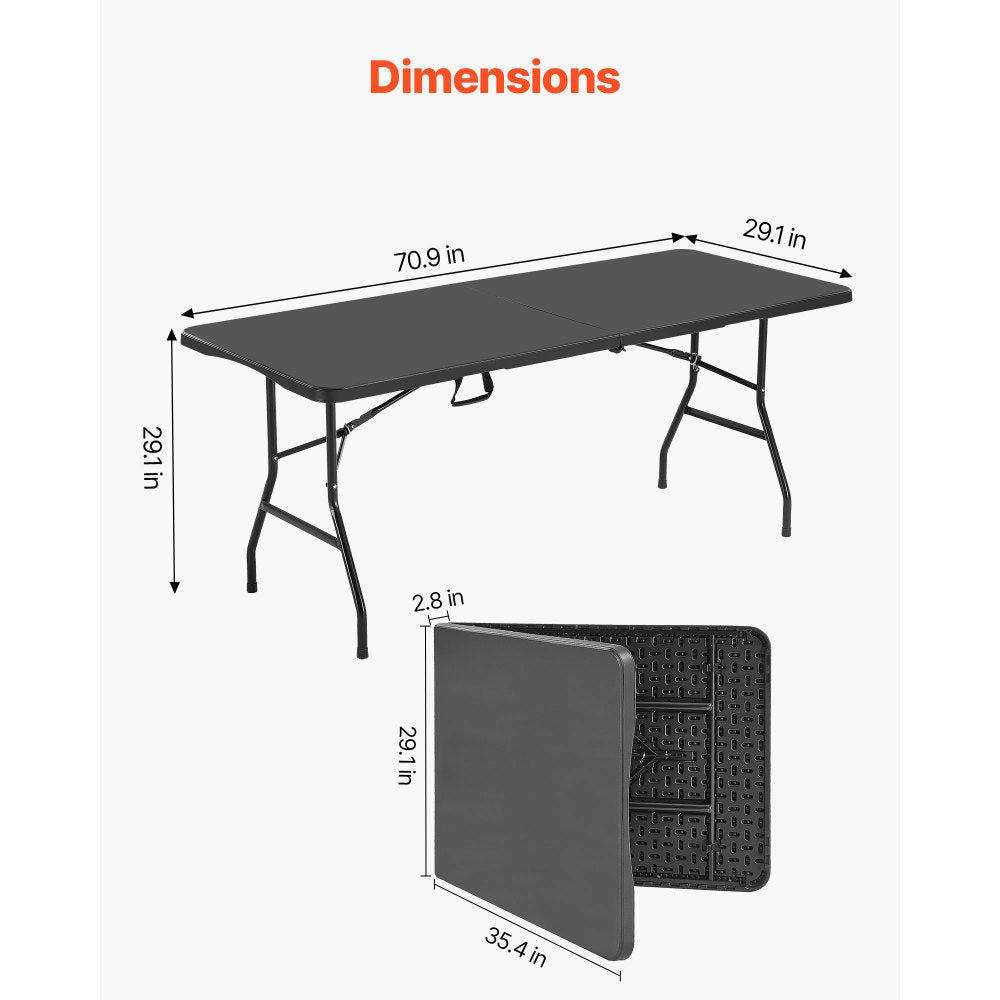 VEVOR Folding Table, 6 Ft Heavy Duty Portable Fold-in-Half Utility Table, Indoor Outdoor Plastic Rectangle Table with Built in Handle, for Party, Dining, Wedding, Events, Picnic, Camping, Black