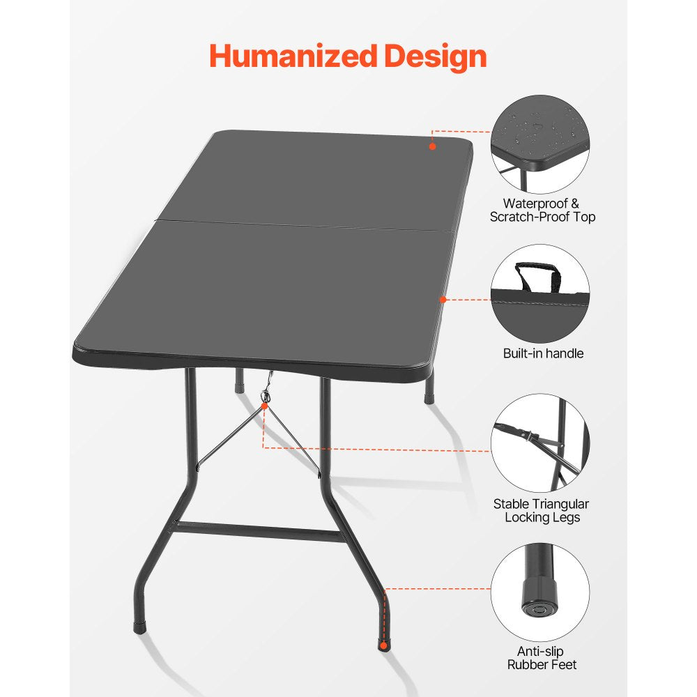 VEVOR Folding Table, 6 Ft Heavy Duty Portable Fold-in-Half Utility Table, Indoor Outdoor Plastic Rectangle Table with Built in Handle, for Party, Dining, Wedding, Events, Picnic, Camping, Black