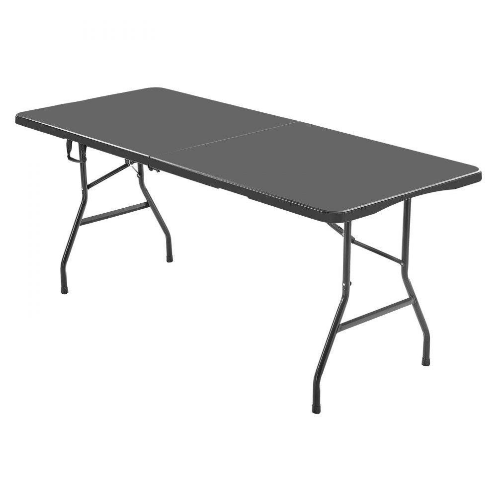 VEVOR Folding Table, 6 Ft Heavy Duty Portable Fold-in-Half Utility Table, Indoor Outdoor Plastic Rectangle Table with Built in Handle, for Party, Dining, Wedding, Events, Picnic, Camping, Black