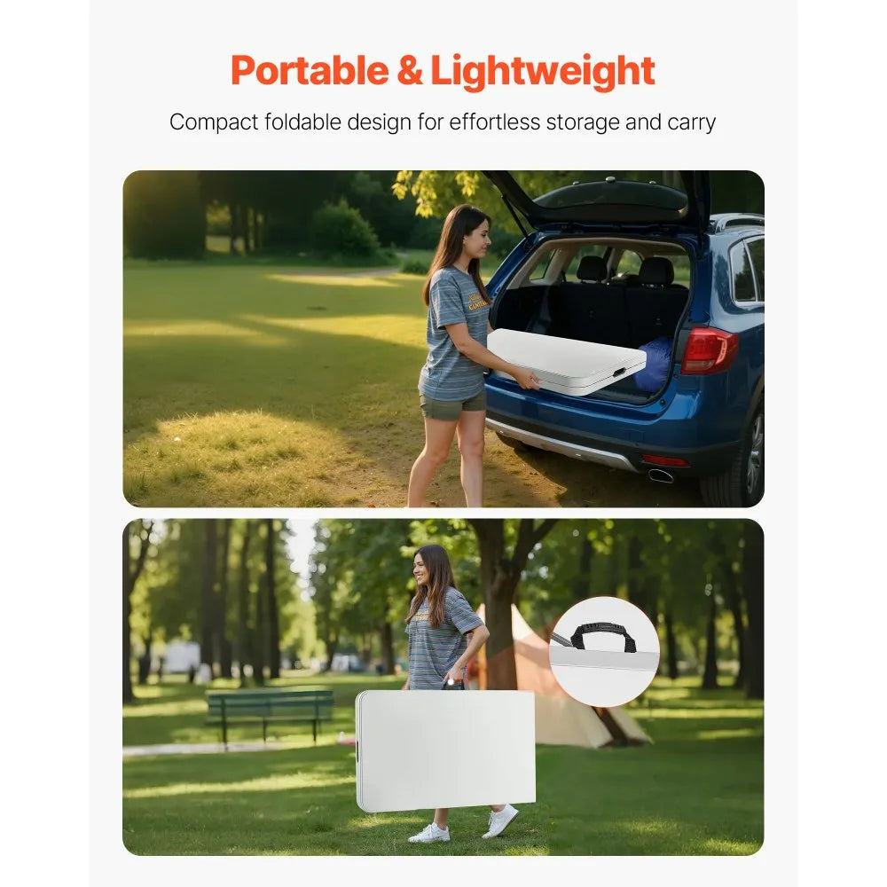 VEVOR Folding Table, 8 Ft Heavy Duty Portable Fold-in-Half Utility Table, Indoor Outdoor Plastic Rectangle Table with Built in Handle, for Party, Dining, Wedding, Events, Picnic, Camping, White