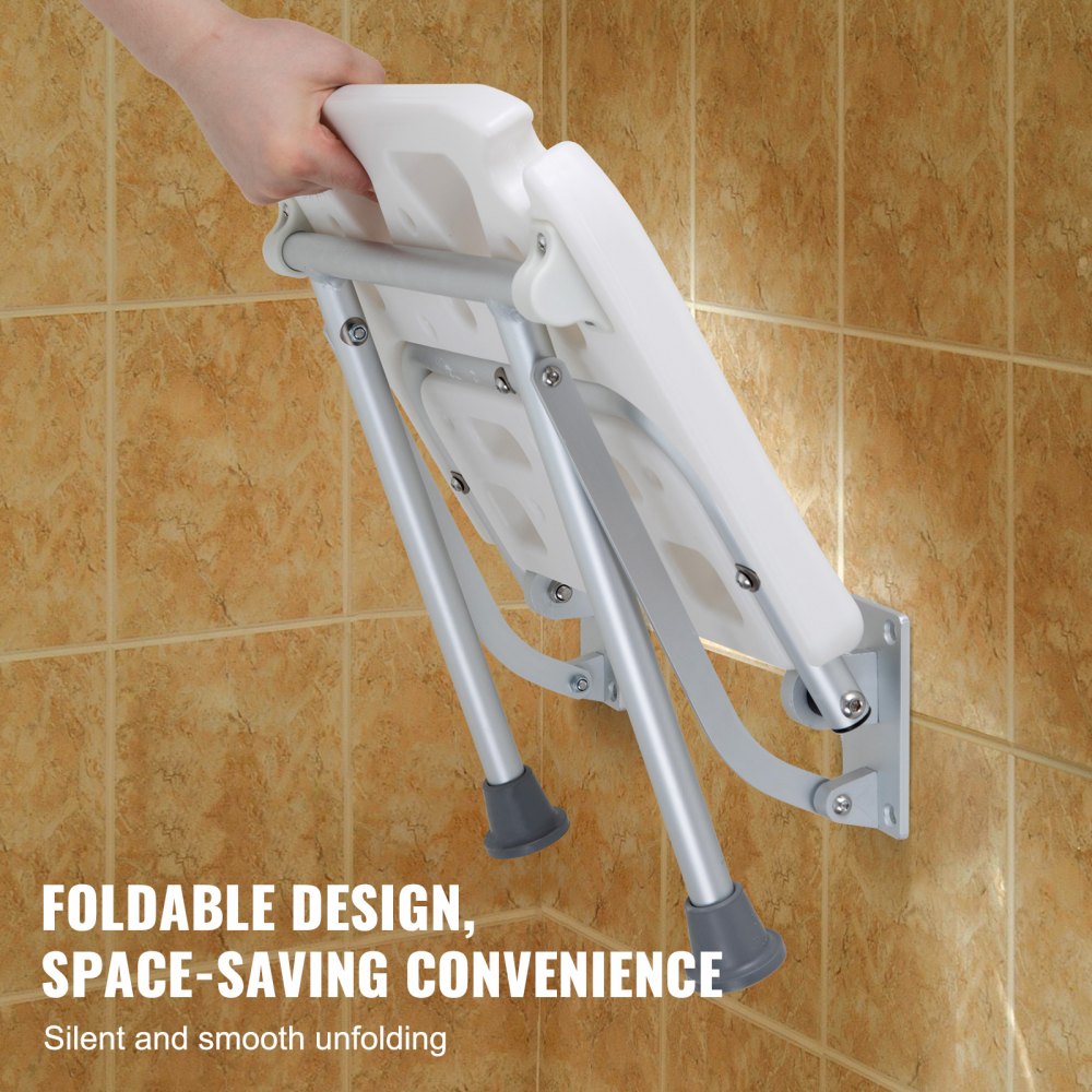 VEVOR Folding PE Shower Seat, 15.7'' x 14.8'' Unfolded, Wall Mounted Fold Up Shower Bench with 500 lbs Load Capacity, Space Saving Fold Down Shower Chair for Seniors Pregnant Women Children Adults