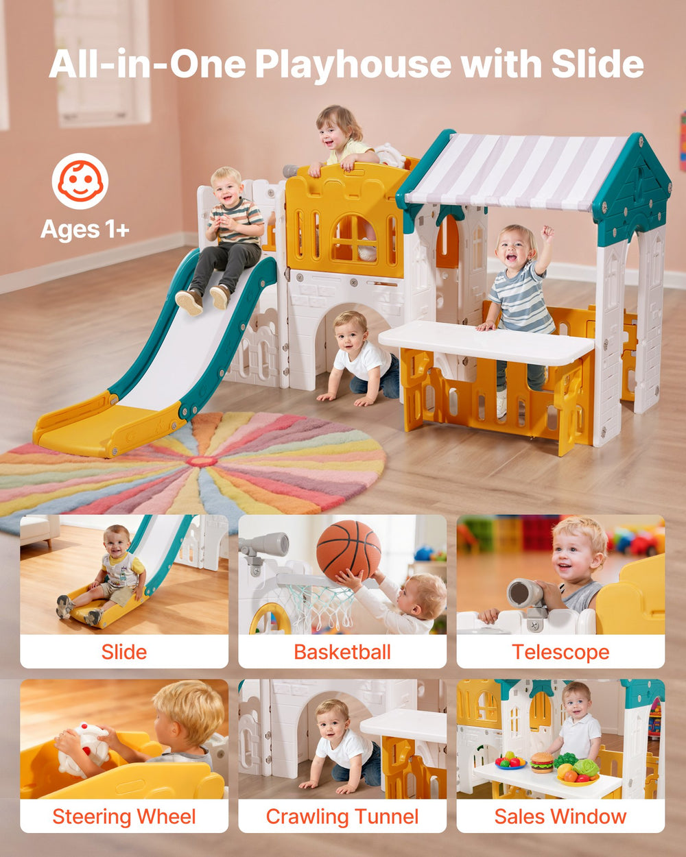 VEVOR Outdoor Playhouse all-in-one playhouse with slide (feature graphic)