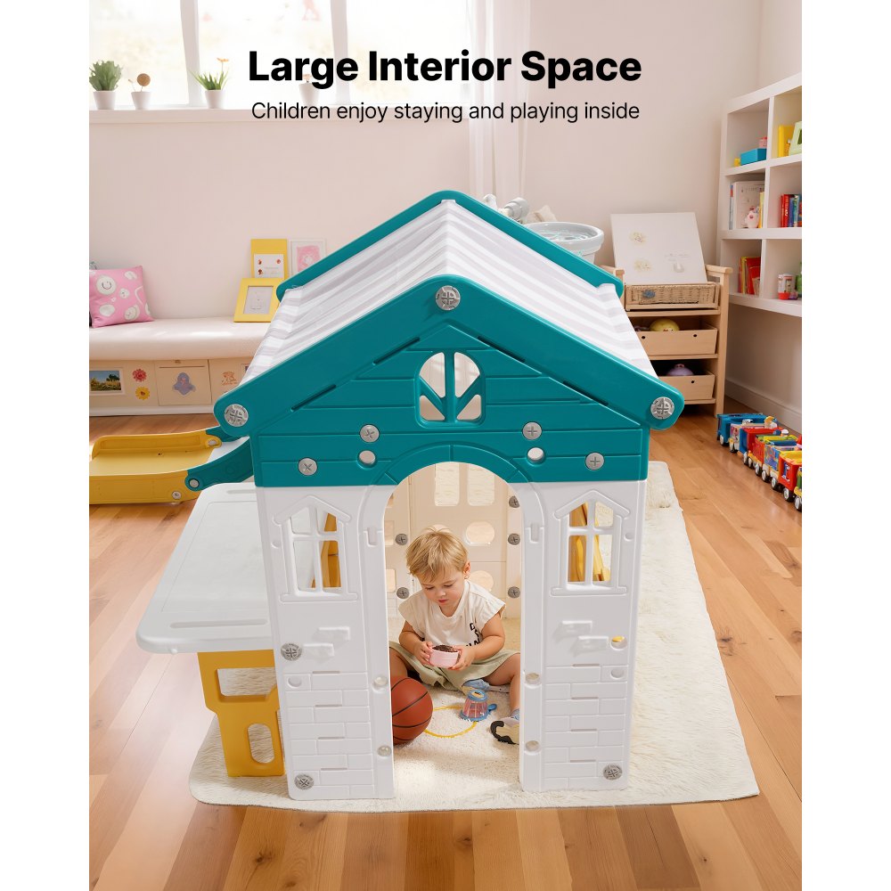VEVOR Outdoor Playhouse Versatile Toddler Playground Open Play Structure, for Aged 1+, with Slide, Basketball, Telescope, Steering Wheel, Crawling Tunnel, Sales Window, Toddler Playset, HDPE Plastic