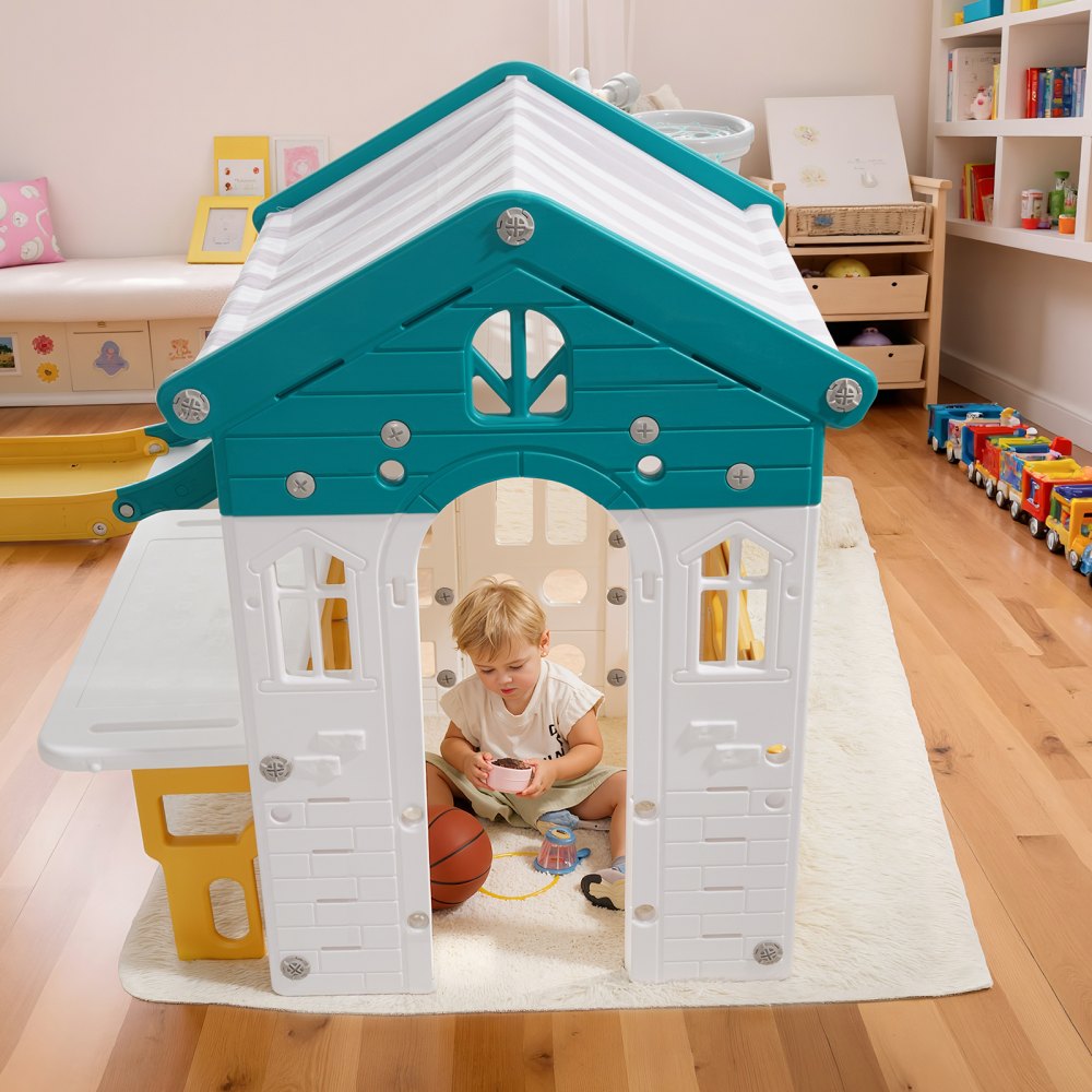 VEVOR Outdoor Playhouse Versatile Toddler Playground Open Play Structure, for Aged 1+, with Slide, Basketball, Telescope, Steering Wheel, Crawling Tunnel, Sales Window, Toddler Playset, HDPE Plastic