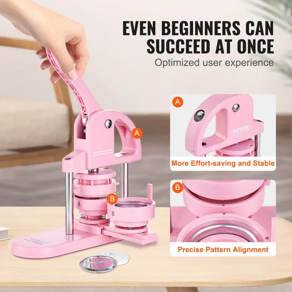 VEVOR 3-IN-1 Button Maker, 1/1.25/2.28 inch(25/32/58mm) Pin Maker, 300pcs Button Parts,Button Maker Machine with Panda Magic Book,  Ergonomic Arc Handle Punch Press Kit, For Children DIY Gifts, Pink