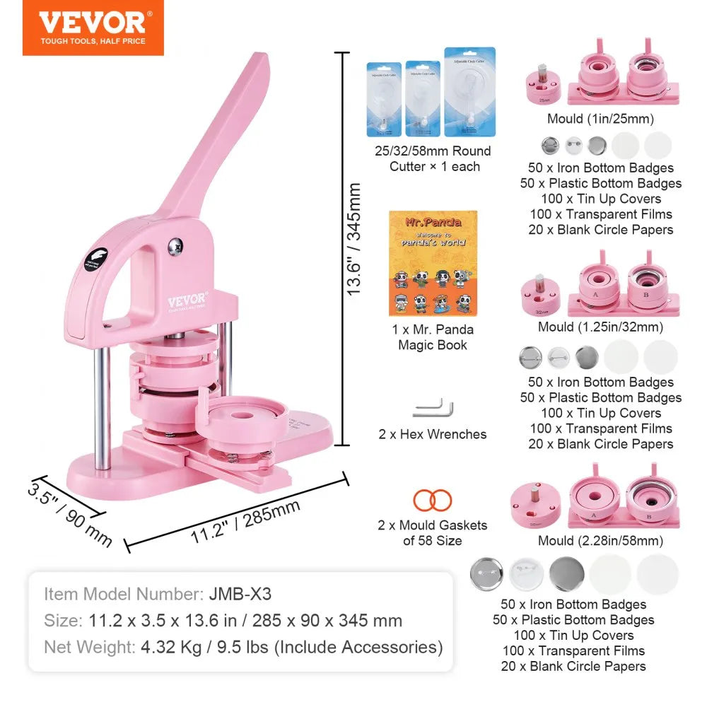 VEVOR 3-IN-1 Button Maker, 1/1.25/2.28 inch(25/32/58mm) Pin Maker, 300pcs Button Parts,Button Maker Machine with Panda Magic Book,  Ergonomic Arc Handle Punch Press Kit, For Children DIY Gifts, Pink