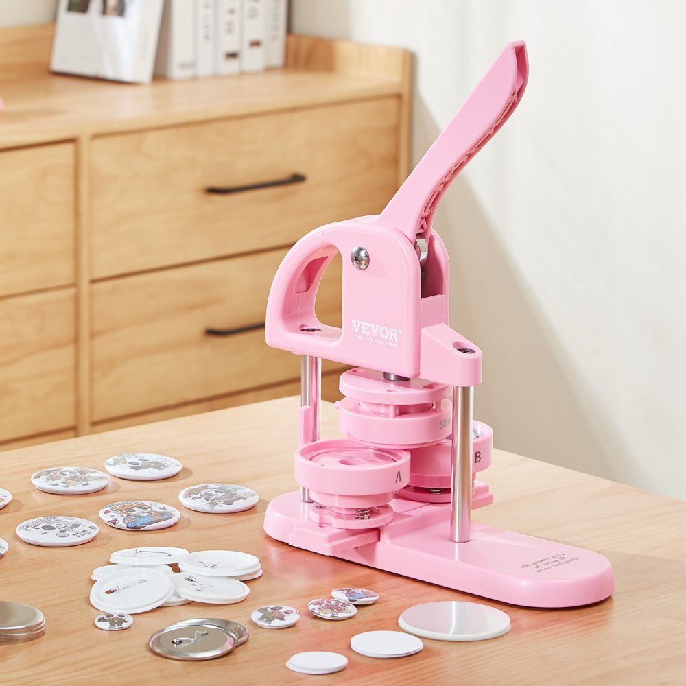 VEVOR 3-IN-1 Button Maker, 1/1.25/2.28 inch(25/32/58mm) Pin Maker, 300pcs Button Parts,Button Maker Machine with Panda Magic Book,  Ergonomic Arc Handle Punch Press Kit, For Children DIY Gifts, Pink