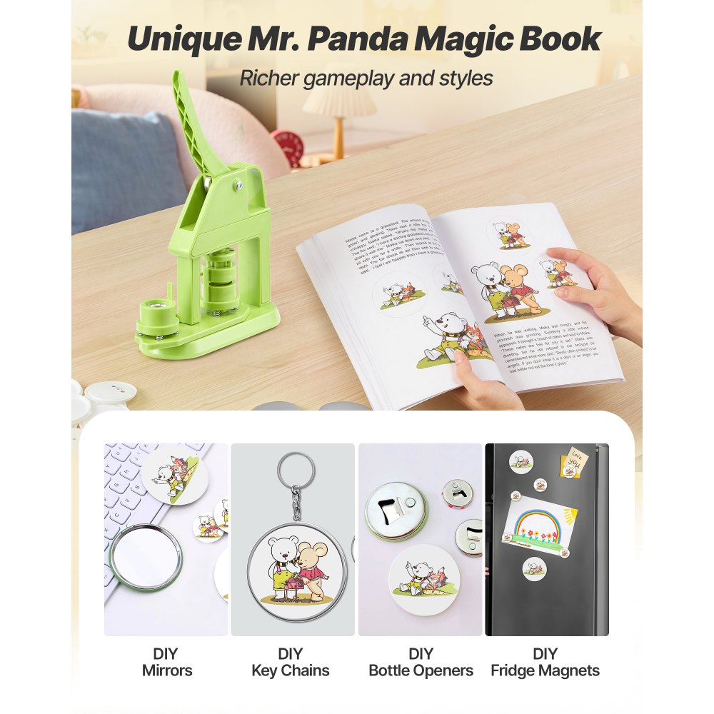 VEVOR Button Maker Machine, 0.98 in, Plastic Pin Maker with 500pcs Button Parts, Mr. Panda Magic Book, Circle Cutter and Hex Wrenches, Reinforced Ergonomic Handle, for DIY Badges, Personalized Pins