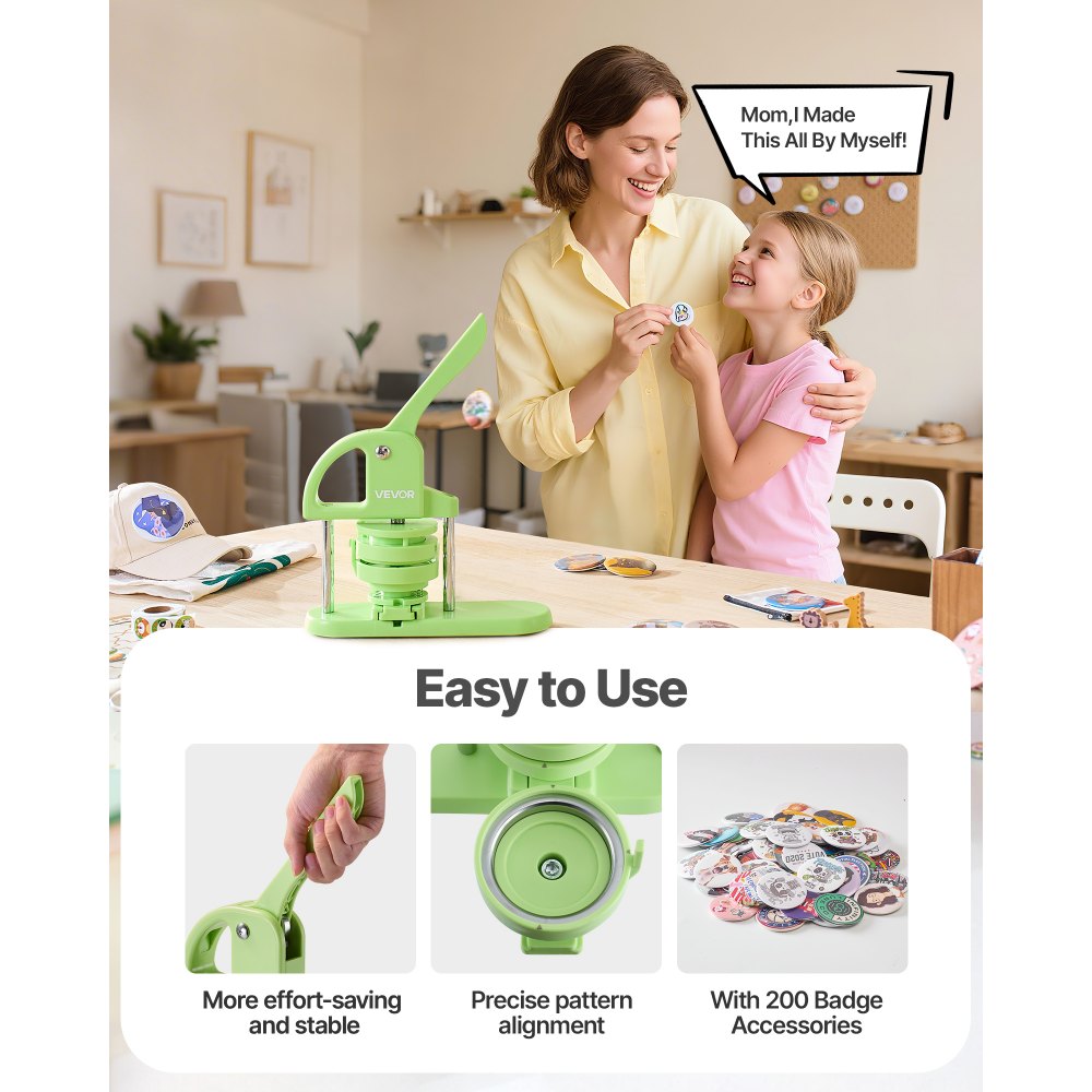 VEVOR Button Maker Machine, 1.26/2.28 inch 2-in-1, Plastic Pin Maker with 200 pcs Button Parts, Circle Cutter and Magic Book, Reinforced Ergonomic Handle, for DIY Badges, Personalized Pins, Green