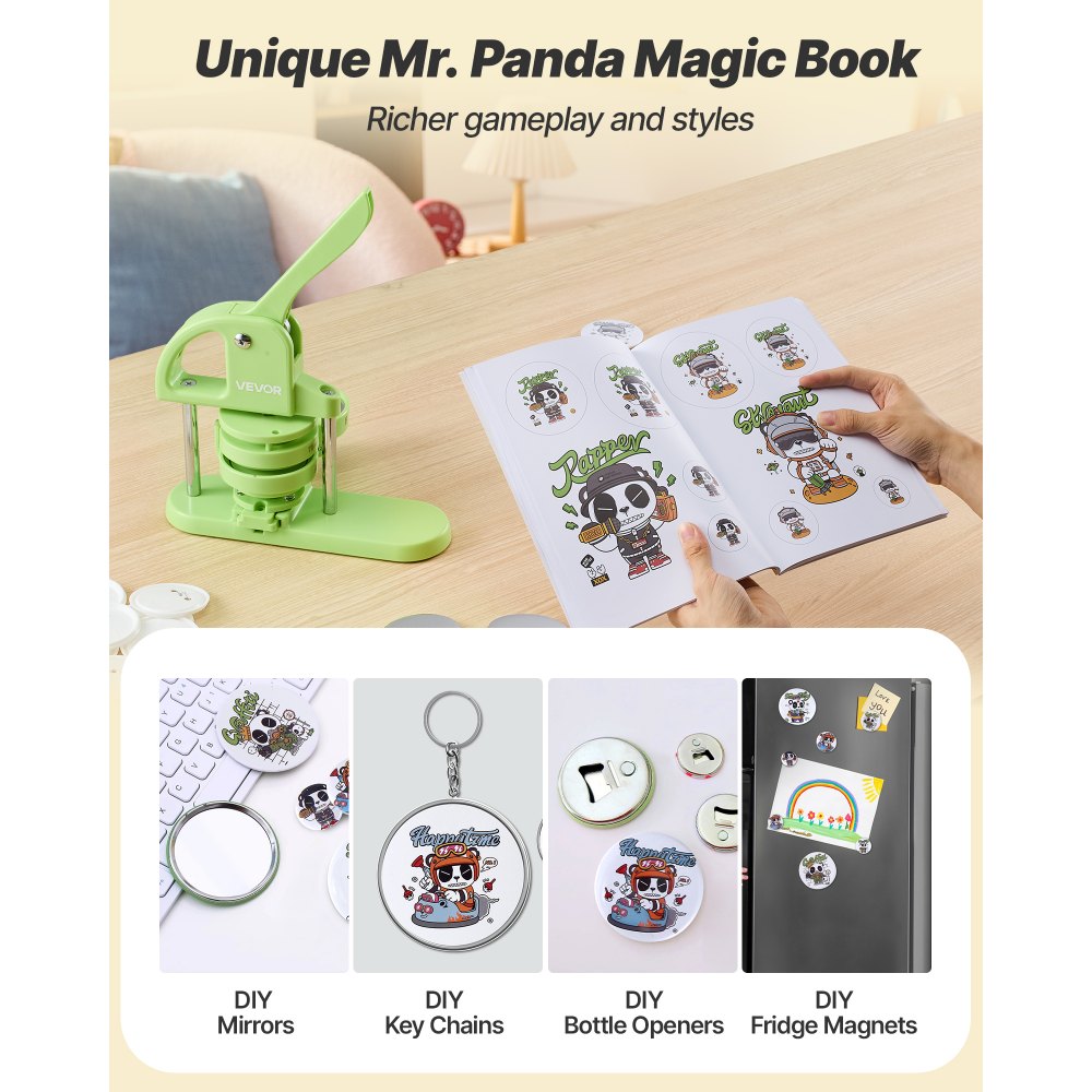 VEVOR Button Maker Machine, 1.26/2.28 inch 2-in-1, Plastic Pin Maker with 200 pcs Button Parts, Circle Cutter and Magic Book, Reinforced Ergonomic Handle, for DIY Badges, Personalized Pins, Green