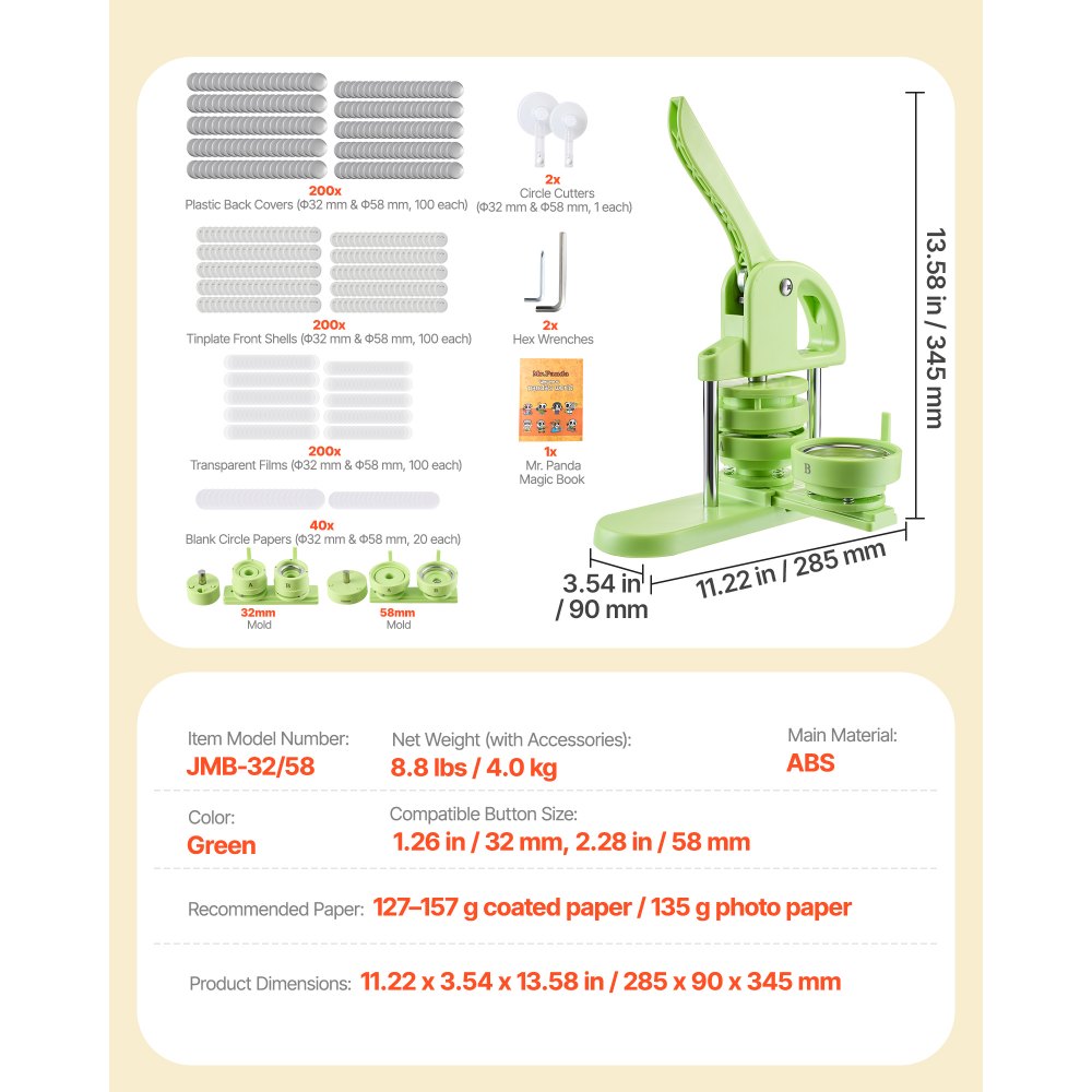 VEVOR Button Maker Machine, 1.26/2.28 inch 2-in-1, Plastic Pin Maker with 200 pcs Button Parts, Circle Cutter and Magic Book, Reinforced Ergonomic Handle, for DIY Badges, Personalized Pins, Green