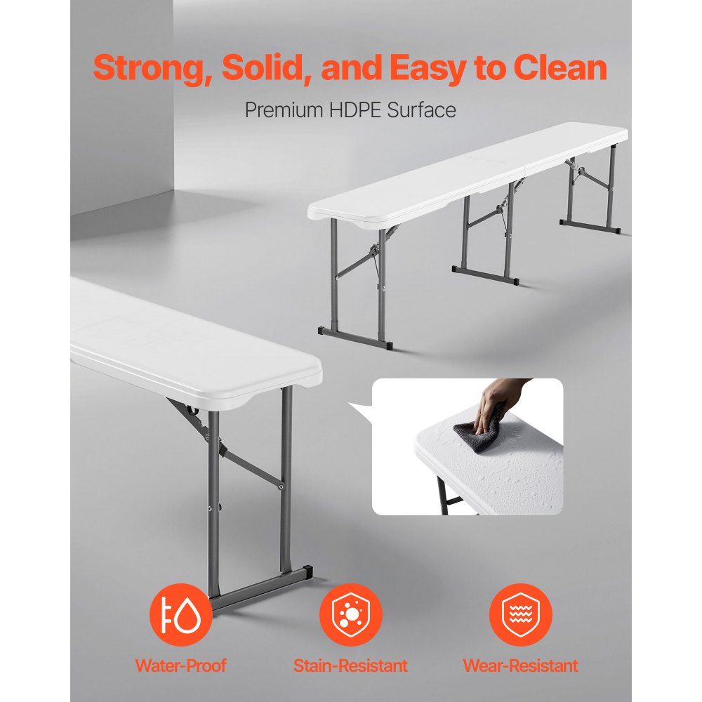 VEVOR Plastic Folding Bench, 6 ft Portable Bench for Indoor/Outdoor Picnic Party Patio Camping Dining, Foldable Smooth HDPE Seat for Garden Soccer Multipurpose Entertaining Activities, 1 Pack, White