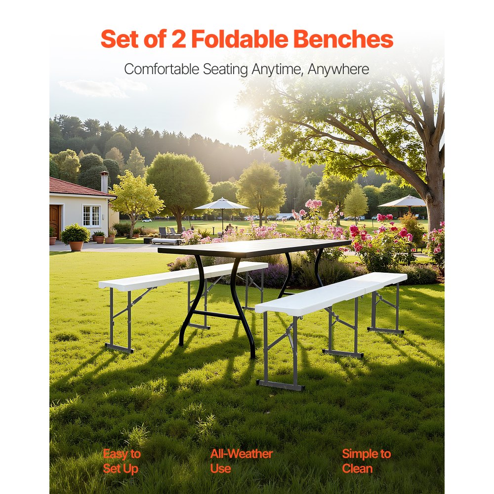 VEVOR Plastic Folding Bench, 6 ft Portable Bench for Indoor/Outdoor Picnic Party Patio Camping Dining, Foldable Smooth HDPE Seat for Garden Soccer Multipurpose Entertaining Activities, 2 Pack, White