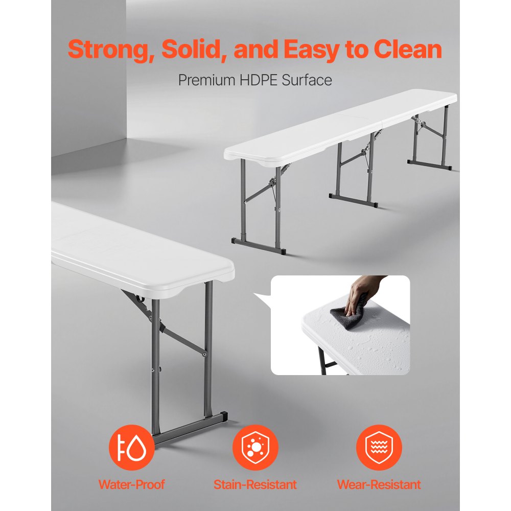 VEVOR Plastic Folding Bench, 6 ft Portable Bench for Indoor/Outdoor Picnic Party Patio Camping Dining, Foldable Smooth HDPE Seat for Garden Soccer Multipurpose Entertaining Activities, 2 Pack, White