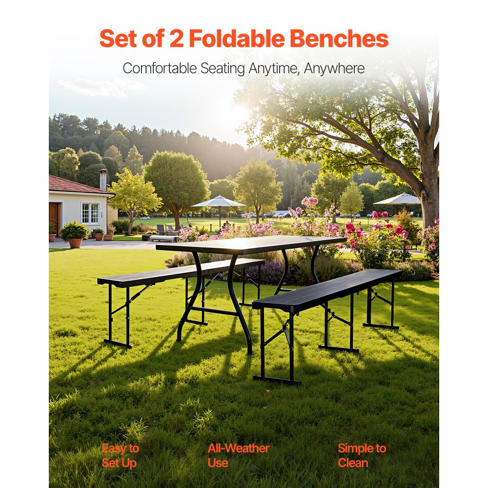 VEVOR Plastic Folding Bench, 6 ft Portable Bench for Outdoor Picnic Party Camping Dining, Foldable Smooth HDPE Seat for Garden Soccer Multipurpose Entertaining Activities, 2 Pack, 2 Carry Bags, Black