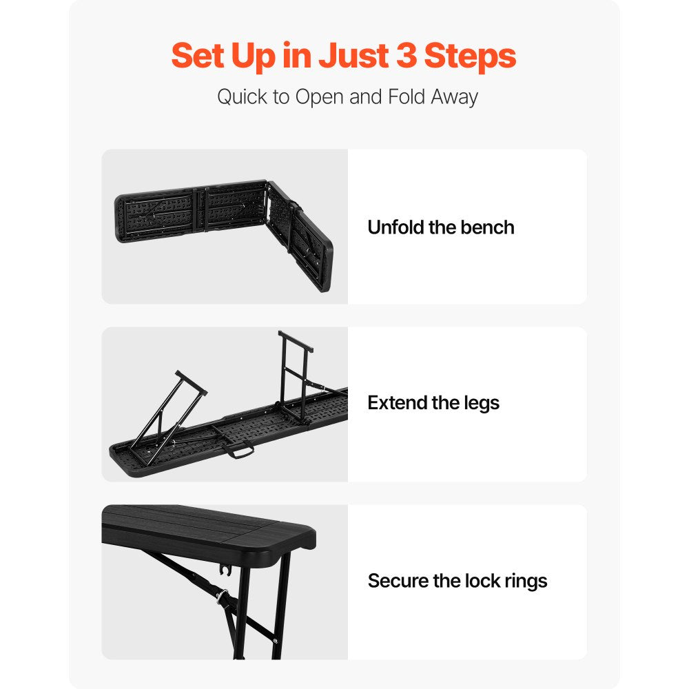 VEVOR Plastic Folding Bench, 6 ft Portable Bench for Outdoor Picnic Party Camping Dining, Foldable Smooth HDPE Seat for Garden Soccer Multipurpose Entertaining Activities, 2 Pack, 2 Carry Bags, Black