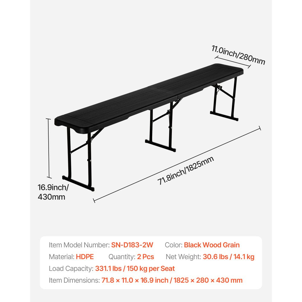 VEVOR Plastic Folding Bench, 6 ft Portable Bench for Outdoor Picnic Party Camping Dining, Foldable Smooth HDPE Seat for Garden Soccer Multipurpose Entertaining Activities, 2 Pack, 2 Carry Bags, Black
