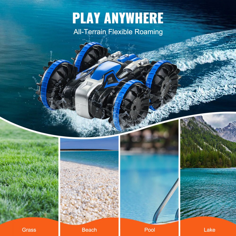 VEVOR Amphibious Remote Control Car Boat, 2.4GHz 12 km/h, 4WD Waterproof RC Car for Kids, 360° Rotating Stunt Car with 2 Batteries, All Terrain Water Beach Pool Toy for 6+ Year Old Boys Girls, Blue