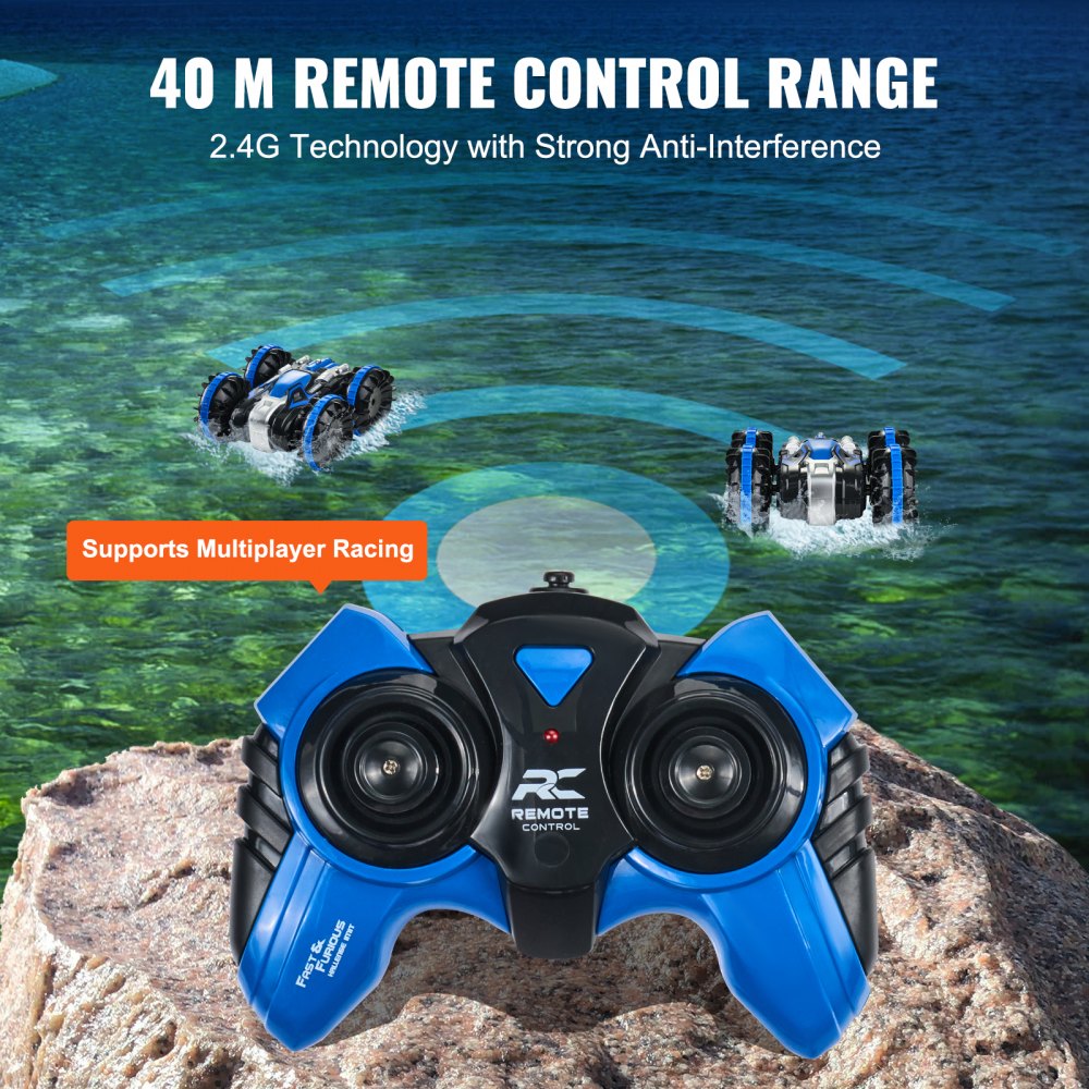VEVOR Amphibious Remote Control Car Boat, 2.4GHz 12 km/h, 4WD Waterproof RC Car for Kids, 360° Rotating Stunt Car with 2 Batteries, All Terrain Water Beach Pool Toy for 6+ Year Old Boys Girls, Blue