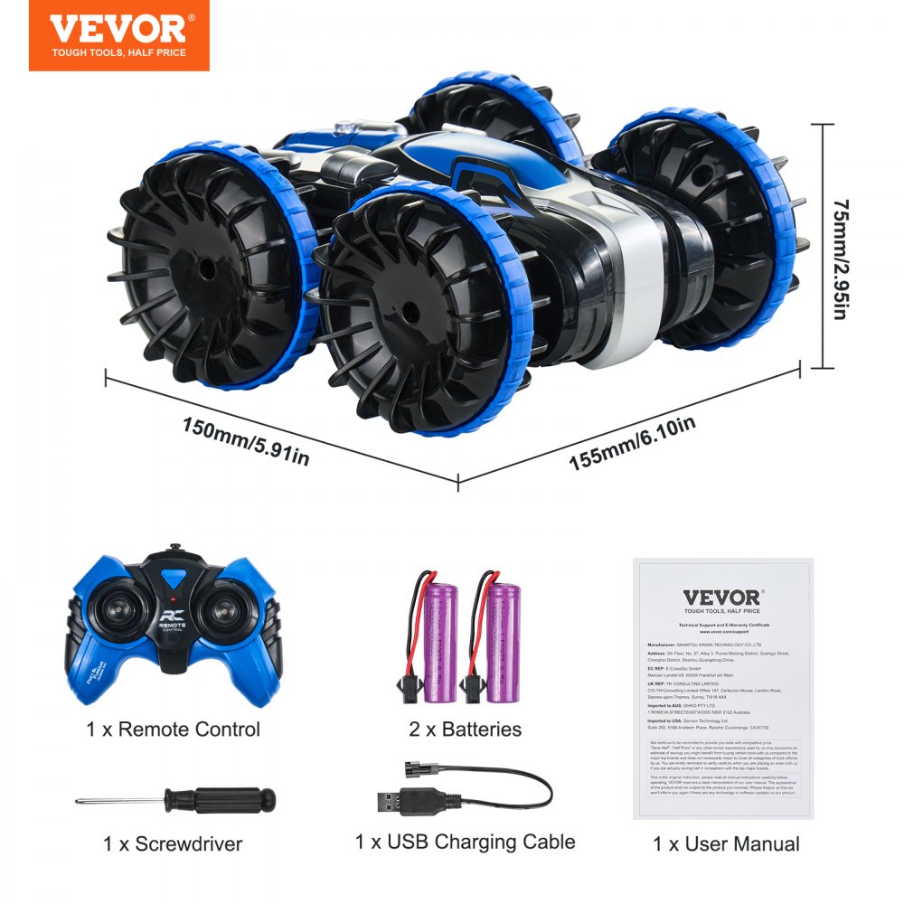 VEVOR Amphibious Remote Control Car Boat, 2.4GHz 12 km/h, 4WD Waterproof RC Car for Kids, 360° Rotating Stunt Car with 2 Batteries, All Terrain Water Beach Pool Toy for 6+ Year Old Boys Girls, Blue