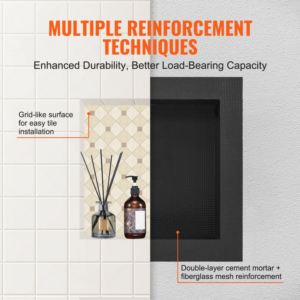 VEVOR Shower Niche Ready for Tile 16" x 16", Single Shelf Organizer, Square Corners Wall-inserted Niche Recessed, Sealed Protection Modern Soap Storage Niche for Shower Bathroom, Black