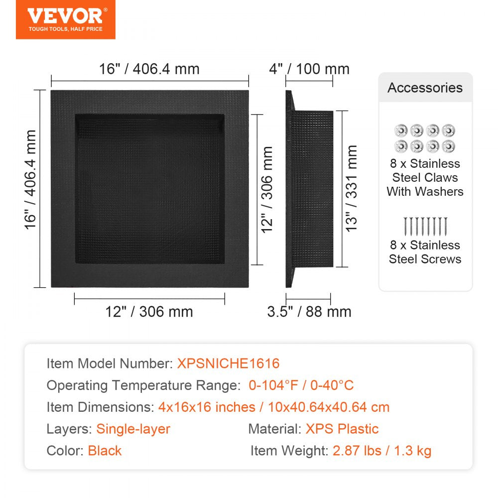 VEVOR Shower Niche Ready for Tile 16" x 16", Single Shelf Organizer, Square Corners Wall-inserted Niche Recessed, Sealed Protection Modern Soap Storage Niche for Shower Bathroom, Black