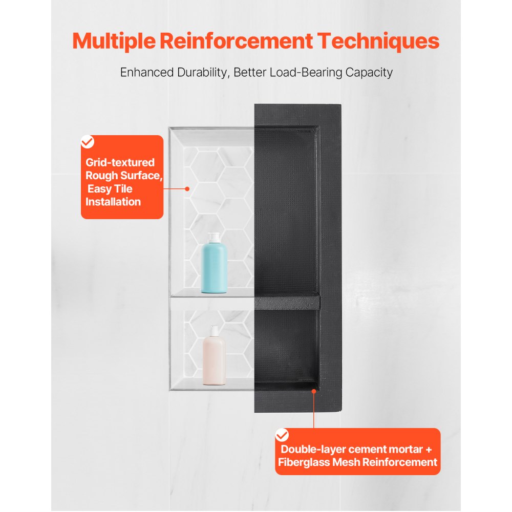 VEVOR Shower Niche, 16 x 28 x 4 inch Recessed Wall Niche with Movable Divider Shelf, Modern Soap & Shampoo Storage Organizer, Square Corners, Sealed Waterproof Design, Black for Bathroom Shower