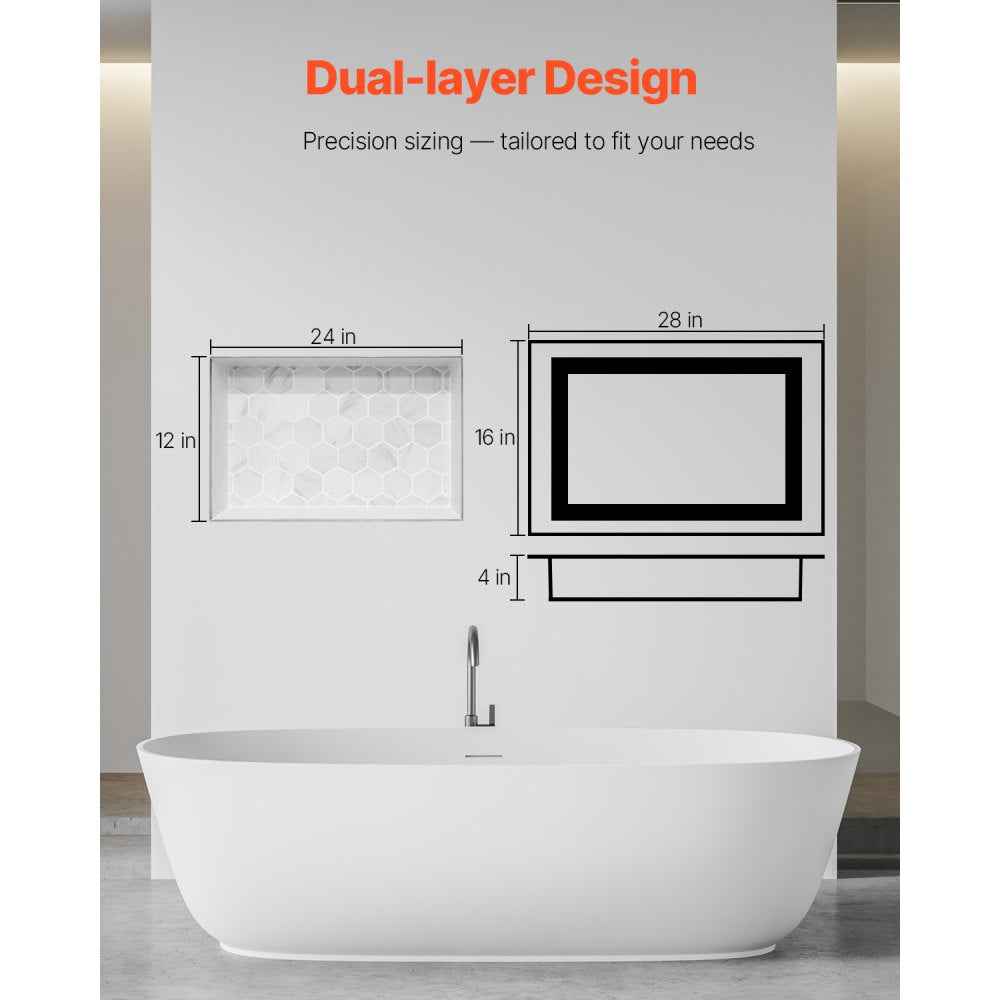 VEVOR Shower Niche, 16 x 28 x 4 inch Recessed Wall Niche with Movable Divider Shelf, Modern Soap & Shampoo Storage Organizer, Square Corners, Sealed Waterproof Design, Black for Bathroom Shower
