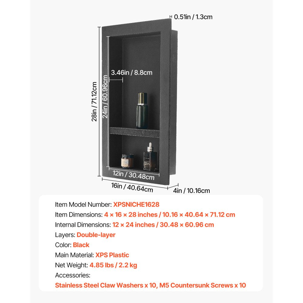 VEVOR Shower Niche, 16 x 28 x 4 inch Recessed Wall Niche with Movable Divider Shelf, Modern Soap & Shampoo Storage Organizer, Square Corners, Sealed Waterproof Design, Black for Bathroom Shower