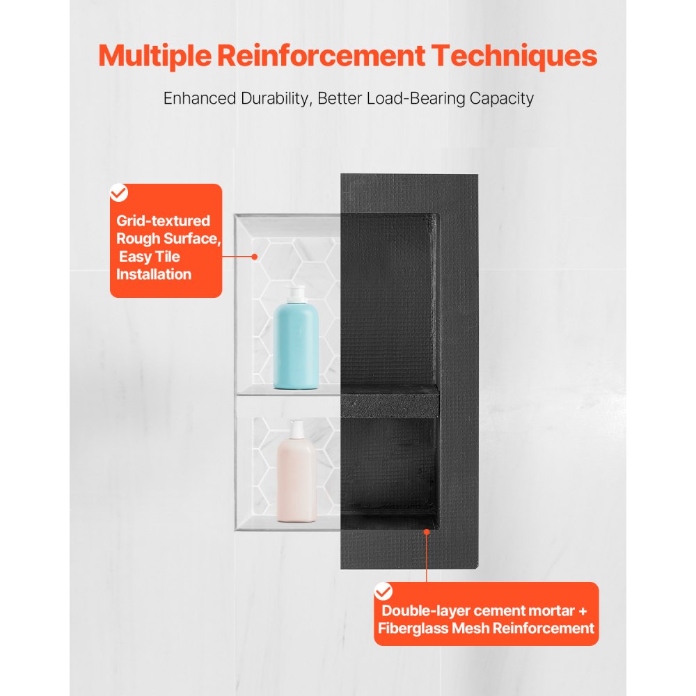 VEVOR Shower Niche, 16 x 20 x 4 inch Recessed Wall Niche with Movable Divider Shelf, Modern Soap & Shampoo Storage Organizer, Square Corners, Sealed Waterproof Design, Black for Bathroom Shower