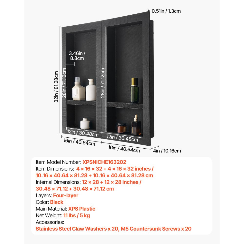 VEVOR Shower Niche, 16 x 32 inch + 16 x 32 inch Recessed Wall Niche with Movable Shelf, 4 inch Thick Modern Soap&Shampoo Storage Organizer,Square Corners,Sealed Waterproof,Black for Bathroom Shower