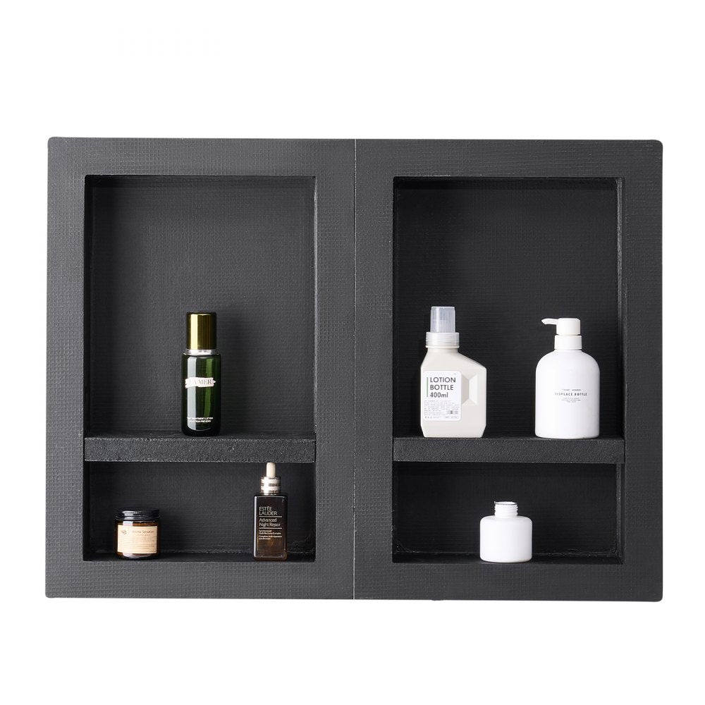 VEVOR Shower Niche, 16 x 24 inch + 16 x 24 inch Recessed Wall Niche with Movable Shelf, 4 inch Thick Modern Soap&Shampoo Storage Organizer,Square Corners,Sealed Waterproof,Black for Bathroom Shower