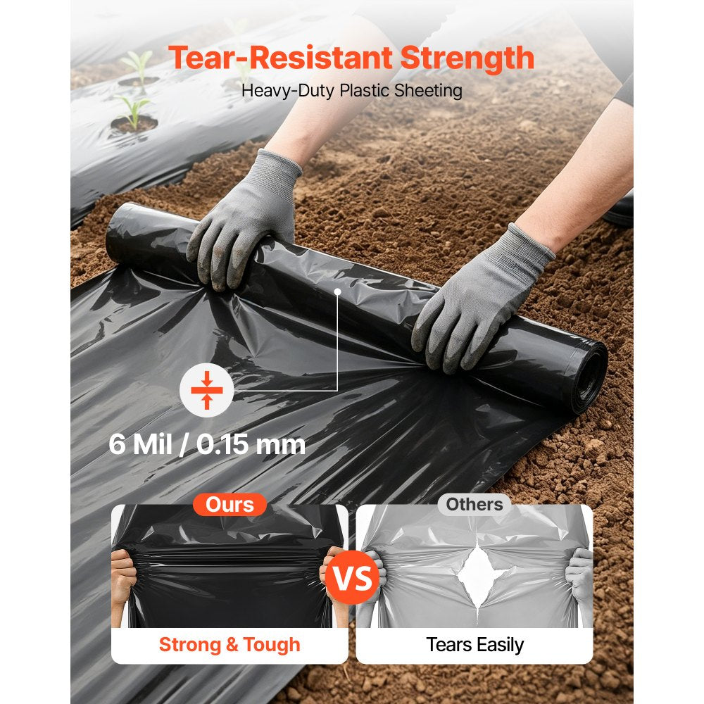 VEVOR 6 Mil Plastic Sheeting 10' x 25' Black Heavy Duty Polyethylene Roll, Thick Plastic Roll for Garden, Drop Cloth Painters Tarp, Polyethylene Covering for Crawl Space Vapor Barrier, Weed Control