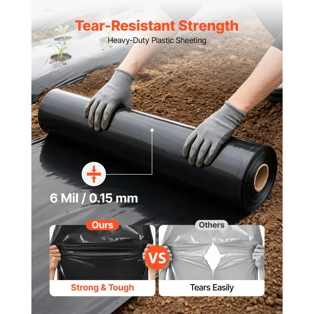 VEVOR 6 Mil Plastic Sheeting 20' x 100' Black Heavy Duty Polyethylene Roll, Thick Plastic Roll for Garden, Drop Cloth Painters Tarp, Polyethylene Covering for Crawl Space Vapor Barrier, Weed Control