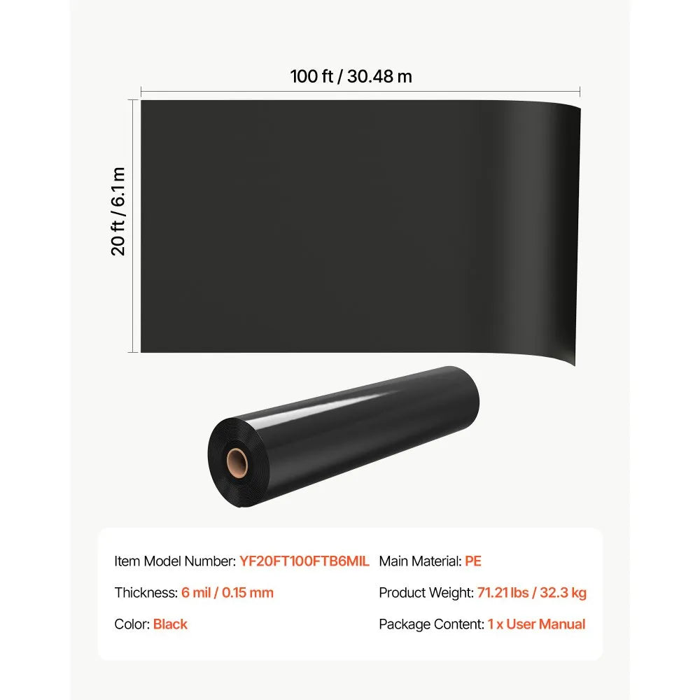 VEVOR 6 Mil Plastic Sheeting 20' x 100' Black Heavy Duty Polyethylene Roll, Thick Plastic Roll for Garden, Drop Cloth Painters Tarp, Polyethylene Covering for Crawl Space Vapor Barrier, Weed Control