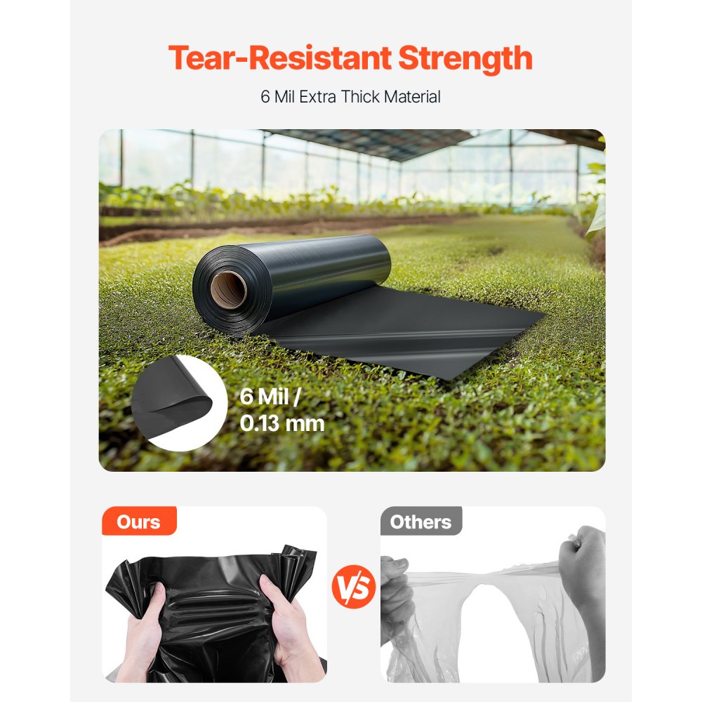 VEVOR 24' x 100' Plastic Sheeting Heavy Duty , 6 Mil Thick Plastic Sheeting Roll, Plastic Drop Cloth Painters Tarp, Polyethylene Covering for Crawl Space Vapor Barrier, Multi-Purpose, Black