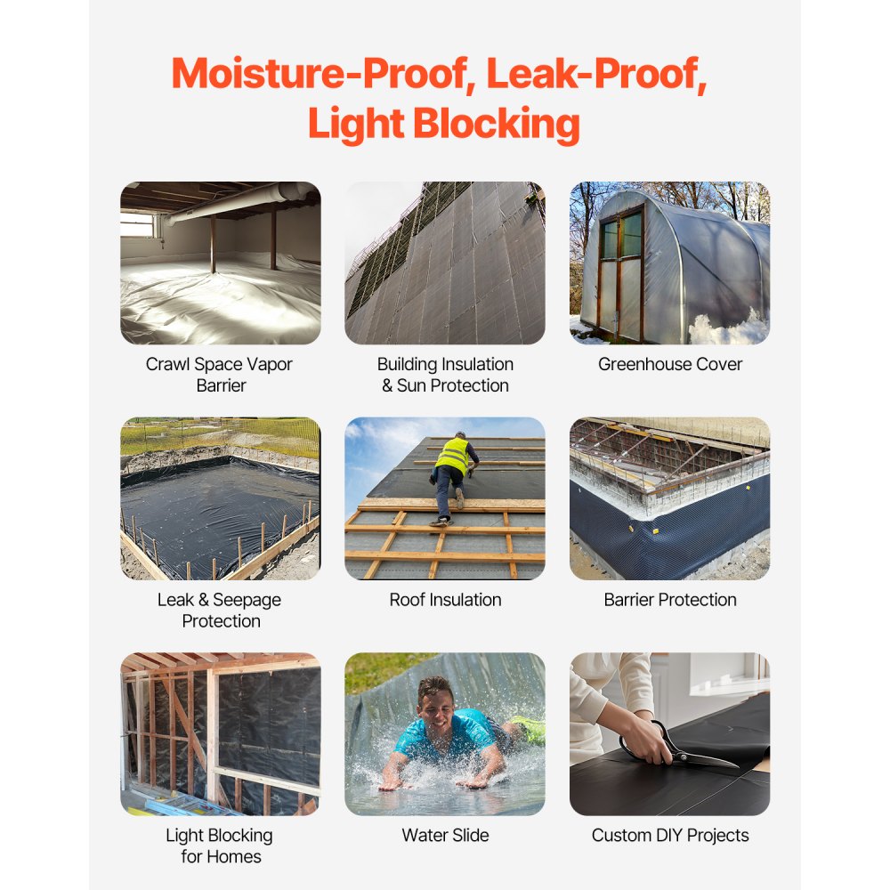 VEVOR 10 Mil Plastic Sheeting Heavy Duty 5' x 100', Thick Plastic Sheeting Roll, Plastic Drop Cloth Painters Tarp, Polyethylene Covering for Crawl Space Vapor Barrier, Multi-Purpose, Black