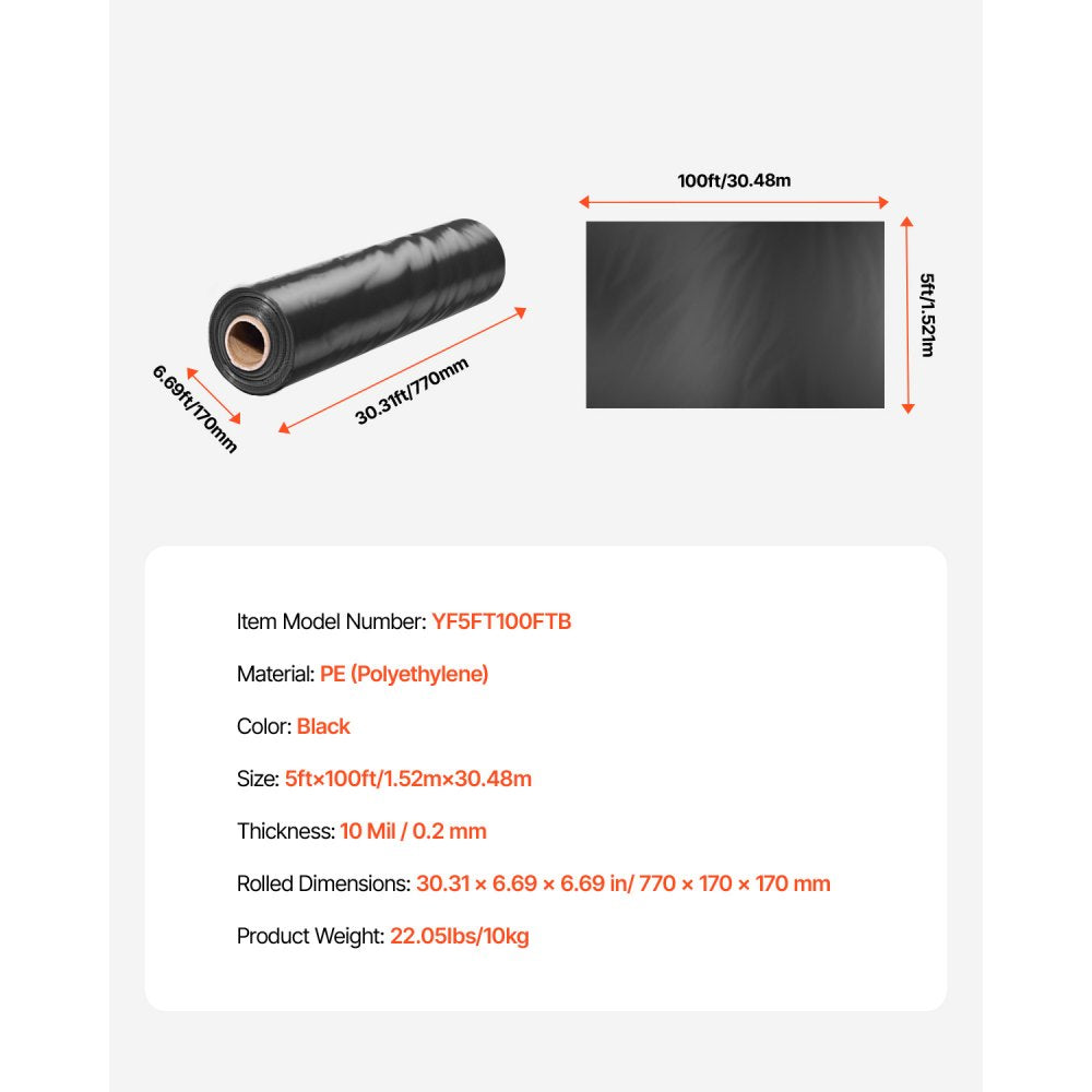 VEVOR 10 Mil Plastic Sheeting Heavy Duty 5' x 100', Thick Plastic Sheeting Roll, Plastic Drop Cloth Painters Tarp, Polyethylene Covering for Crawl Space Vapor Barrier, Multi-Purpose, Black
