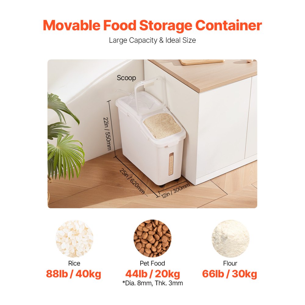 VEVOR Rice Storage Container, 11.4Gallon/50L Capacity Large Dog Food Dispenser Bin, Kitchen Ingredient Grain Cereal Flour Bin, Pet food Containers with Wheels, Scoop, Scale Line, Airtight Lid, 1 Pack
